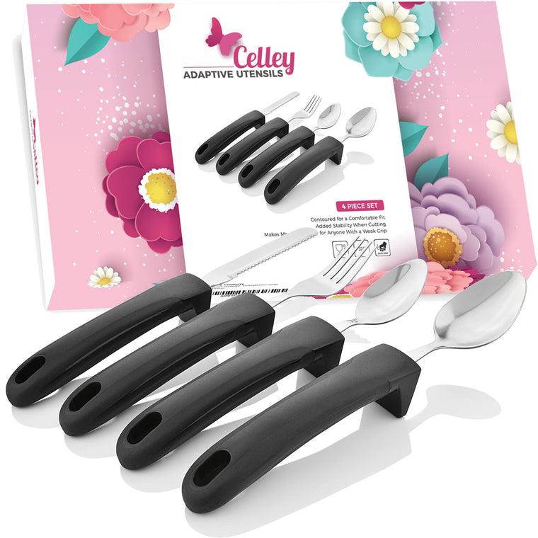 Adaptive Eating Utensils 4pc Easy Grip Silverware Stainless Steel Knife, Fork, 2 Spoons – (Black)