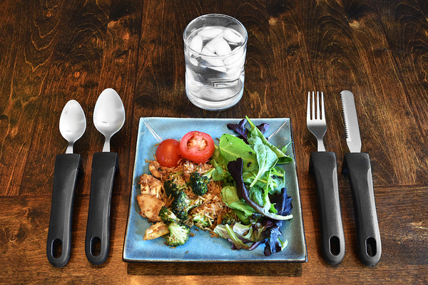 Adaptive Eating Utensils 4pc Easy Grip Silverware Stainless Steel Knife, Fork, 2 Spoons – (Black)